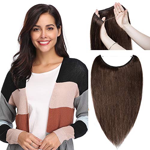 Hidden Invisible Crown Human Hair Extension One Piece Secret Miracle Wire in Hairpieces No Clip No Tape in Remy Hair Translucent Fish Line Headband 60g 16''/16inch #4 Medium Brown