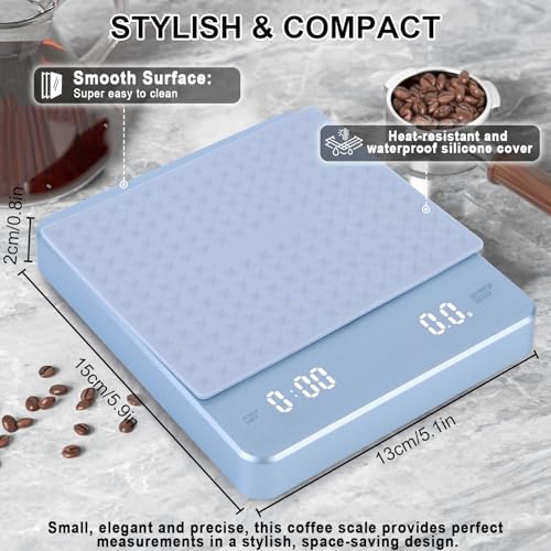 LJEC Precision Coffee Scale with Timer, 3kg/0.1g High Accuracy Espresso Scale with Digital LED, Rechargeable Kitchen Scale for Espresso and Pour-Over Coffee, Touch Sensor and Silicone Cover (Blue) - Image 2