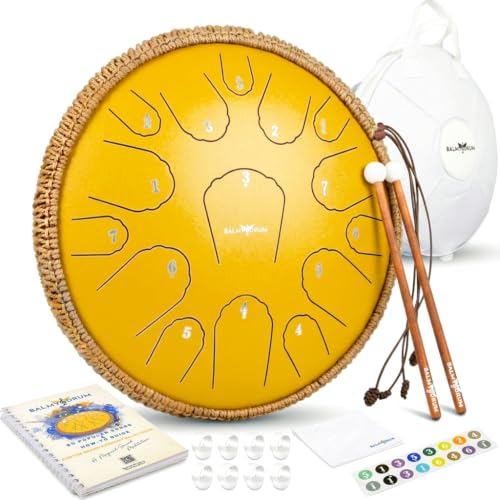 Balmy Drum Steel Tongue Drum 14 inch 15 Notes 440Hz Handpan Drum with Music Book Mallets Carry Bag Finger Picks Rain Drum for Outdoor Meditation Yoga Calming Instruments for Adults Kids (White)