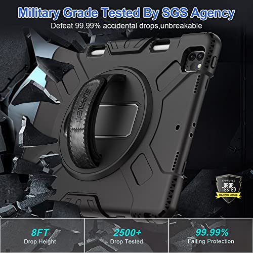 Supfives Ipad Pro 12.9 Case 2022 6Th Generation: Upgraded Military Grade Shockproof Protective Silicone Cover For Ipad 12.9 Inch 5Th Gen 2021-Pencil Holder-Handle-Shoulder Strap-Kick Stand-Black #TOP1