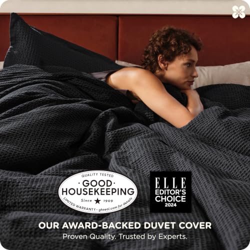 Image of Bedsure Cotton Duvet Cover Set - 100% Cotton Waffle Weave Black Duvet Cover Oversized King Size, PureWoven Breathable Bedding Set for All Season, 3 Pieces, 120 inchx98 inch
