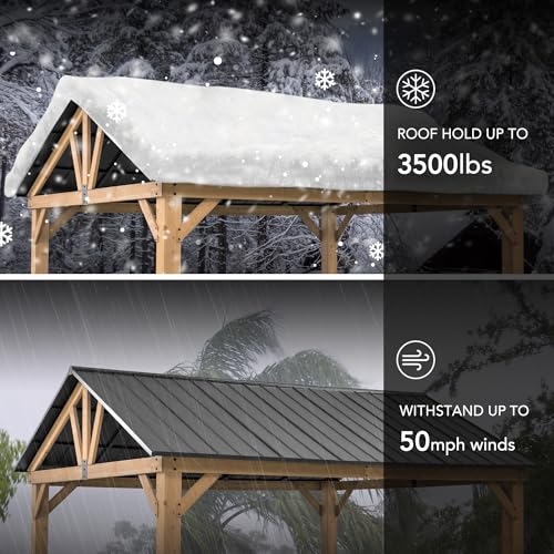 Sunjoy-Wood-Gazebo-13-x-15-ft-Outdoor-Patio-Premium-Cedar-Frame-Gazebos-with-Matte-Black-Steel-Gable-Hardtop-Roof-for-Garden-Backyard-Shade-Black-Roof-Natural-Wood-Frame Sunjoy Wood Gazebo 13 x 15 ft Outdoor Patio Premium Cedar Frame Gazebos with Matte Black Steel Gable Hardtop Roof for Garden Backyard Shade Black Roof Natural Wood Frame