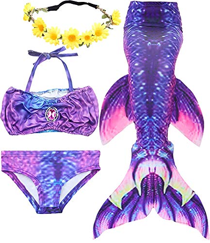 iGeeKid 3 Pcs Girls Swimsuit Mermaid for Swimming Princess Mermaid Birthday Party Supplies Gifts Set for 3-12Y (Height 42-44in(3-4Y), B-Coral Purple)