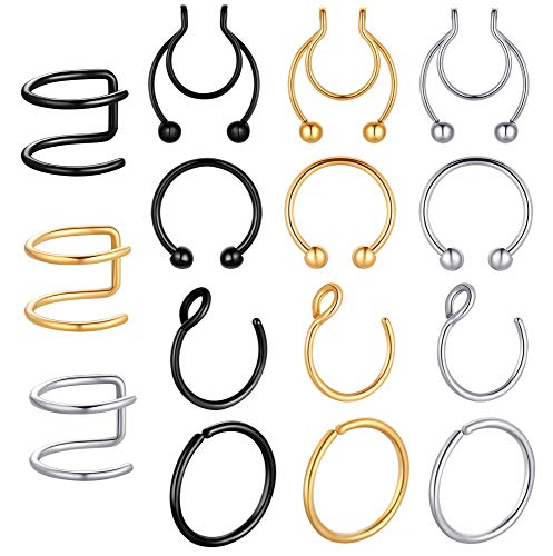 Caliada Fake Nose Ring Fake Septum Faux Piercing Fake Nose Piercing Fake Lip Ear Nose Septum Ring Fake Cartilage Earrings,Totally 5-8 Styles (5 Styles 15 pcs)