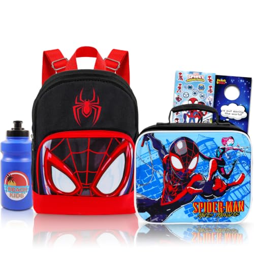 Conjunto de mini mochila Miles Morales com lancheira – Pacote de mochila do Homem-Aranha de 25,4 cm, lancheira, garrafa de água, adesivos, mais, Multicor, Miles Morales Mini Backpack, Mini mochila
