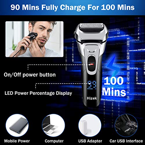 Electric Razor for Men, Hizek Men's Electric Shaver Cordless Foil Shaver with Pop-up Trimmer,USB Quick Charging,LCD Display,Waterproof Design for Body Hair and Beard Style