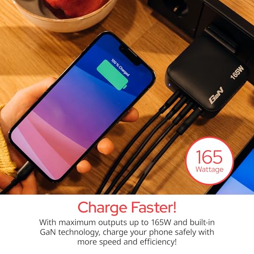 Image of Verbatim Mini GaN Wall Charger 165W 4 Port 3X USB-C Ports PD 3.0 (PPS) up to 70W 1x USB-A Port QC 3.0 up to 30W