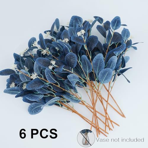 Image of TIED RIBBONS Pack of 6 Artificial Eucalyptus Flowers Bunches (Blue, 19.6 Inch) - for Vase Pot Home Decor Home Decor Living Room Side Table Centerpiece (Vase not Included)