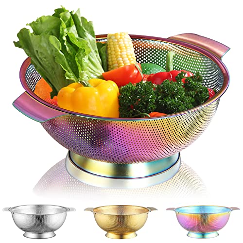 Kyraton Rainbow Colander 5 Quart, filtro colorato in titanio professionale placcatura in acciaio inossidabile con maniglie resistenti e base ad anello solido autoadesivo, lavastoviglie sicuro