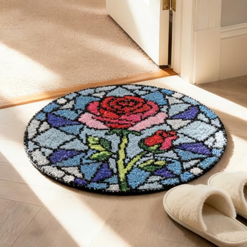ORIGACH Rosenmotiv Knüpfteppich, Kreuzstich Teppich Set Für Erwachsene mit Werkzeug, Teppich Aus Farbgeprägtem Gitterstoff, Heimdekoration, Festivalgeschenke, 50×50cm