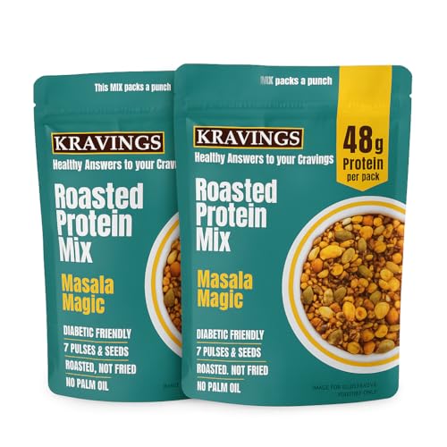 Image of Kravings Roasted Protein Mix Namkeen | High Protein 48g per 200g Each | Masala Flavor | Healthy Low-Calorie Snack with Pumpkin Seeds & Flax Seeds | Diabetic-Friendly Mix of 7 Roasted Pulses (Pack of 2) | High Protein 48g per 200g Each | Masala| Healthy with Pumpkin Seeds & Flax Seeds | Diabetic-Friendly Mix of 7 Roasted Pulses