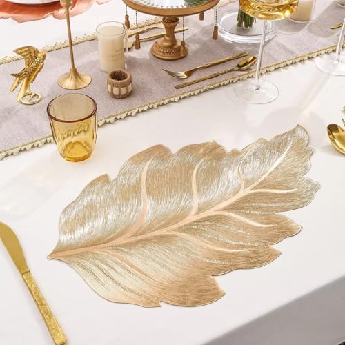 Image of HomeCloud PVC Material Round Shape Table Mat, Dining Table Mat,Table Placemats, Round Mats,Best for Bed-Side Table /Center Table, Dining Table /Shelves (Leaf Gold, Set of 2)