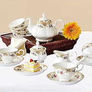 Tea Set for Adults Vintage English Tea Cup and Saucer of 6 British Afternoon Tea Set with Teapot Sugar Bowl and Cream Pitcher