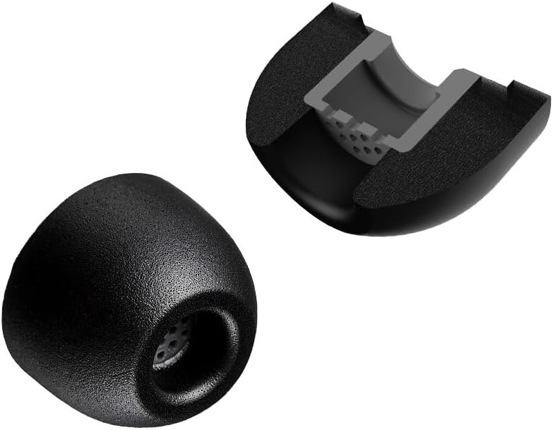 Cross-section view of an AZLA Foamax earbud tip, showing the foam exterior and the internal silicone structure with a hexagonal filter.