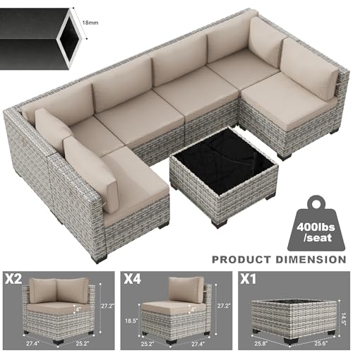 Image of Outdoor PE Wicker Rattan Modular Patio Sectional Sofa Set | 7-Piece: 6 Modular Seats & Coffee Table with Thick Cushions, Khaki