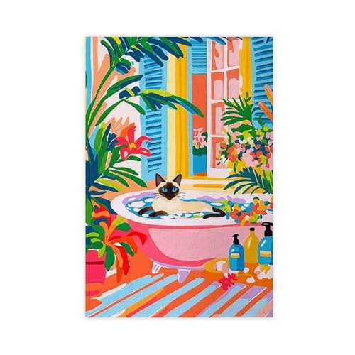 Poster chat siamois baignoire tropicale toile décoration chambre