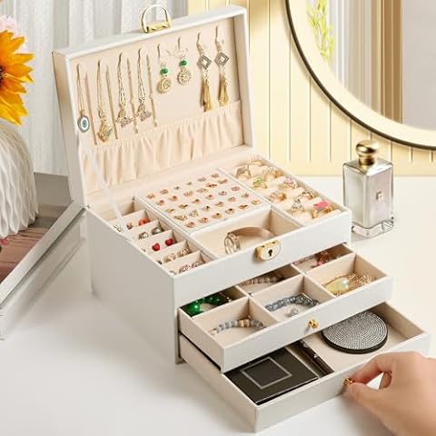 coobest 3 Layer Jewelry Box, Jewelry Holder Organizer with Jewelry Organizer Drawer, Large Jewelry Boxes & Organizer with Velvet Earring Organizer, Lockable Jewelry Holder, Christmas Gifts for Mom Cover