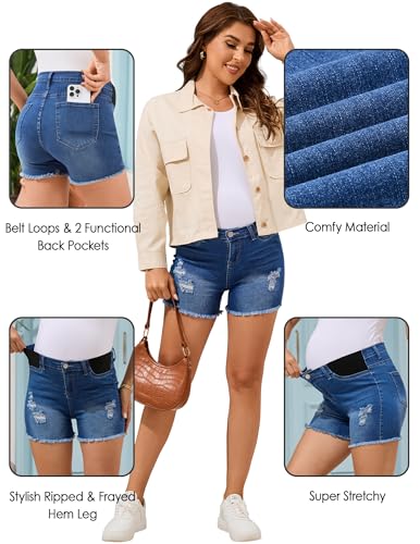 Image of PACBREEZE Women's Maternity Mid-Rise Stretch Denim Shorts Trendy Soft Frayed Hem Pregnancy Shorts, S-XXL