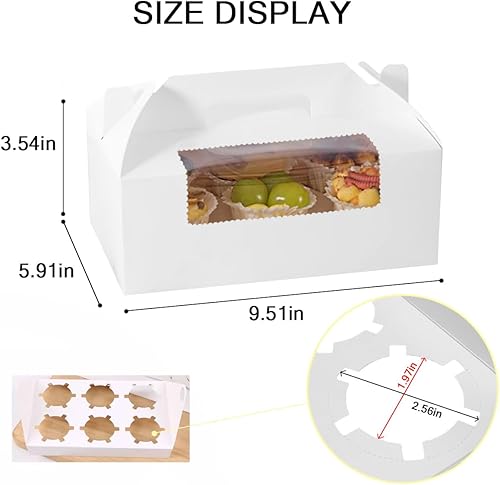 Miniatura 3 de Paquete de 15 cajas blancas para cupcakes, 6 soportes de papel kraft blanco, con inserto, con asa y ventana, cajas portátiles para cupcakes,
