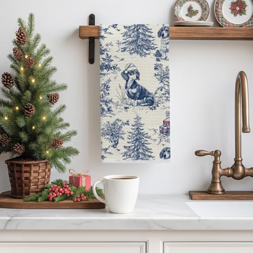 Image of Blue Dachshund Christmas Kitchen Towels,Vintage Dog Lover Gifts Dish Tea Towels for Kitchen,French Chinoiserie Holiday Decorative Hand Towel for Bathroom, 16x24 Inch