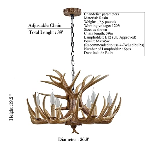 Hubrin Antler Chandelier 6 Light, Rustic Style Antler Light Fixtures, E12 Base Deer Antler Chandelier Lighting For Home Store Bar (6 Lamp Arms + 3Arms) #TOP4