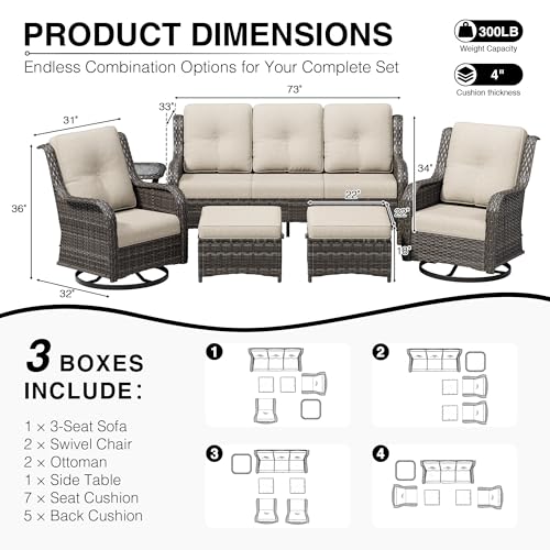 Image of Joyside 6 Piece Wicker Patio Furniture Set, Outdoor Swivel Rocker Patio Chairs with High Back, Deep Seating, Wide Armrest, Thickened Cushions, Outdoor Furniture for Deck, Porch Use
