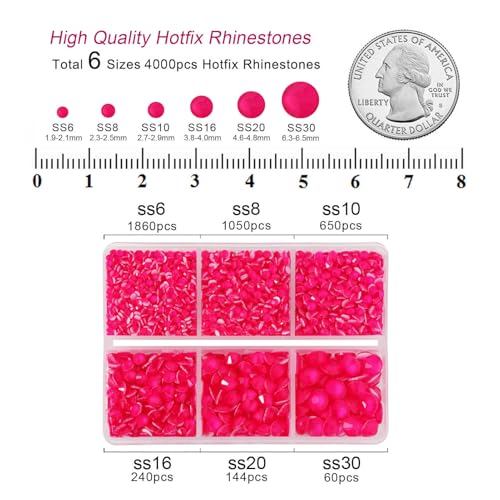 Image of BEADSLAND Hotfix Rhinestones, 4000 PCS Rhinestones for Clothes Crafts Mixed 6 Sizes with Wax Pencil and Tweezers Kit, SS6-SS30, Neon Rose