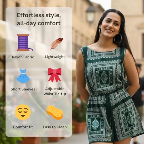 Image of Aaheli Women's Rayon Floral Printed Relaxed Fit Jumpsuit | Soft Breathable Fabric | Adjustable Waist Tie-Up | Casual Summer Wear | Short Sleeve One-Piece