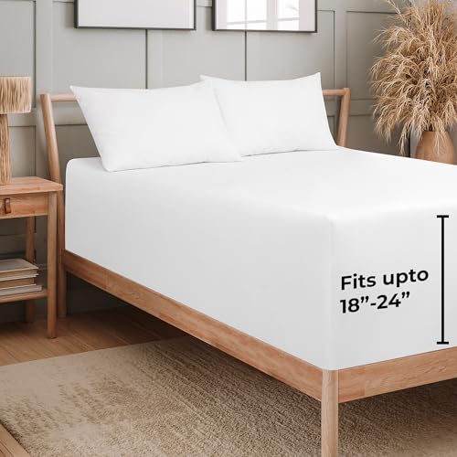 Image of Royale Linens Extra Deep Pocket Full Fitted Sheet Only - Full Size Deep Pocket White Fitted Sheet - Fits 18 inch to 24 inch Thick Mattress - Soft & Breathable Elastic Sheets (54x75 Inches, White)