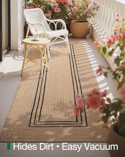 Image of Handmade Rectangular Jute Carpet Black line Beige - Natural Fiber Rug for Living Room & Bedroom | Eco-Friendly & Durable | Size 3x8 Feet, Color- Black line Beige