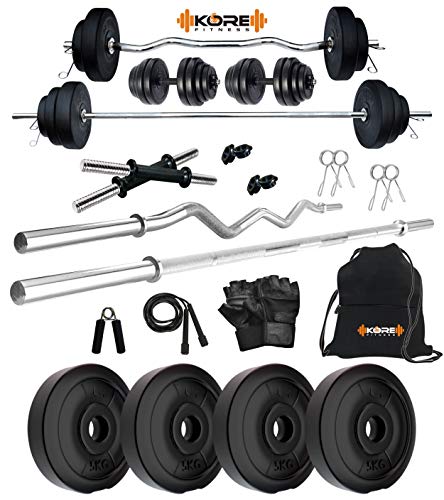 Image of Kore PVC 40 Kg Home Gym Set with One 3 Ft Curl + One 4 Ft Plain Rod and One Pair Dumbbell Rods with Gym Accessories