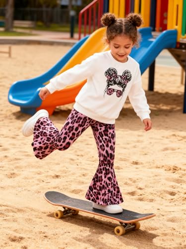 Image of KIDLAGA Toddler Girl Clothes Figure Graphic Drop Shoulder Top Pullover Leopard Print Flared Pants Fall Winter Outfit Set