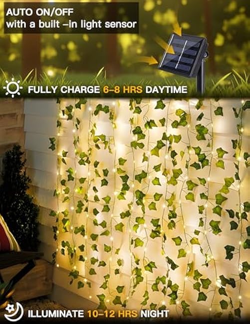 suddus Solar Fairy Lights with Vine, 33ft 100 Led Ivy Solar String Light Outdoor Waterproof, 8 Modes Leaf Lights for Balcony, Yard, Patio, Garden, Fence (Warm White)