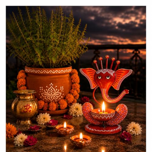 Image of Ganesha Iron Diya Holder - Handpainted Metal Tealight Candle Holder for Home Temple & Pooja Room | 11 Inch Decorative Showpiece, Diwali & Housewarming Gift (Red)