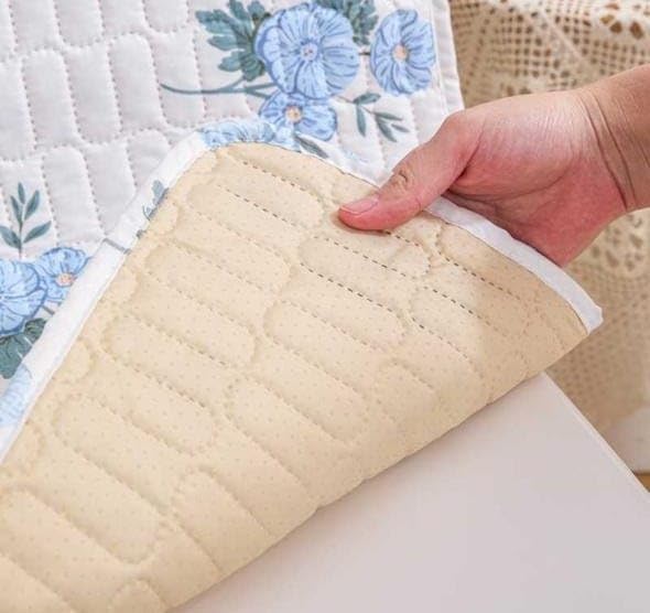 Image of HOMETHREADS Floral Quilted Cotton Chair Cover - Soft, Comfortable Dining Chair Seat Protector with Non-Slip Backing & Strong Elastic Strap for Snug Fit (White Blue, Pack of 2)