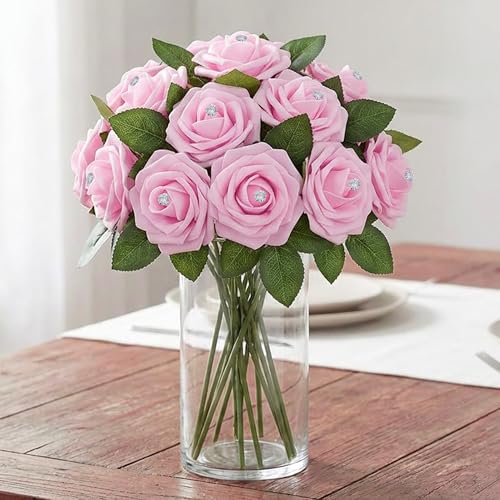 Image of 100Pcs Real Looking Pink with Diamonds Artificial Rose Flower Heads, Foam Fake Roses for DIY Wedding Decorations Baby Shower Centerpieces Home Party Valentine's Day Mother's Day Decor