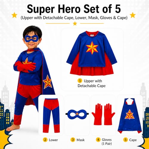 Image of superhero costumes for kids | Blue Red Full Sleeve T-Shirt & Track Pants | Kids Fancy Dress for Birthday Party, School Function for age group 3 to 8 yrs