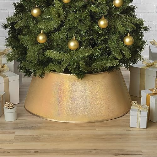 New Traditions Rose Gold Metallic Faux Leather Christmas Tree Collar – 26' Diameter Fabric Stand Band for Artificial & Natural Trees – Tree Skirt Alternative, Collapsible