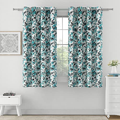 Image of Swayam 90% Blackout Polyester Window Curtain for Living Room & Bedroom | 5 Feet | Room Darkening Curtain with Eyelets | Pack of 2 | Floral Design - Teal & White
