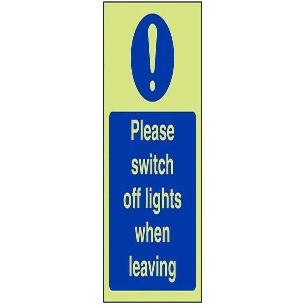 V Safety Glow In The Dark Please Switch Off Lights When Leaving Sign - 150mm x 200mm - Self Adhesive Vinyl