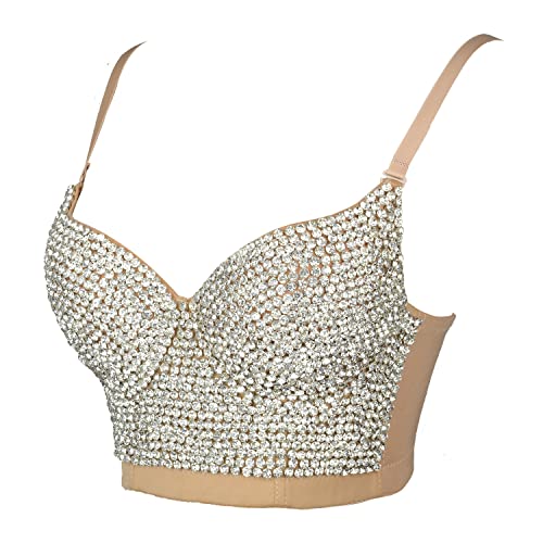 ELLACCI Women's Handmade Rhinestone Diamond Push up Bustier Crop Top Sexy Punk Corset Bra Khaki3