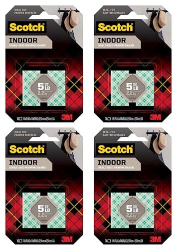 Scotch Pre-Cut Foam Mounting Squares Heavy Duty Double-Sided Tape 1-Inch Squares 16 Count (Pack of 4 64 Squares Total)