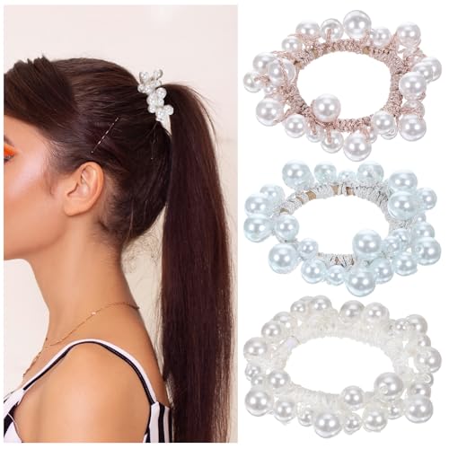 Nogeqi 3 gomas para el pelo con perlas, Scrunchies para mujer, perlas para el pelo, horquillas para el pelo para mujer, pelo fino, cola de caballo, bandas para la cabeza, para mujeres, niñas y niños