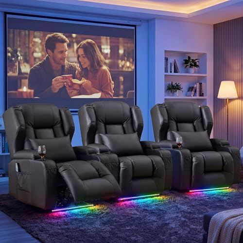 Image of Oprisen Wall Hugger Power Recliner Chair Set of 2, Overstuffed Home Theater Seating w /Heat Massage Electric Movie Gaming Sofa Reclining Sleeper Chair with LED Light /Lumbar Pillow /Cup Holders