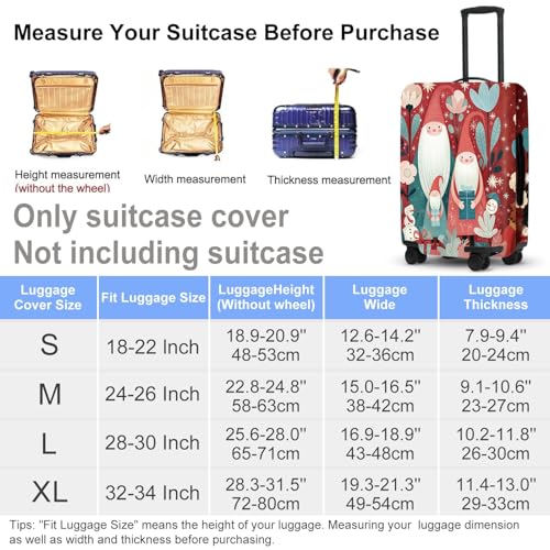 Image of Gnome Luggage Cover - Red Background with Santa's Helpers, Trees and Snowmen, Elastic Holiday Travel Case for 28 30 Inch Bag