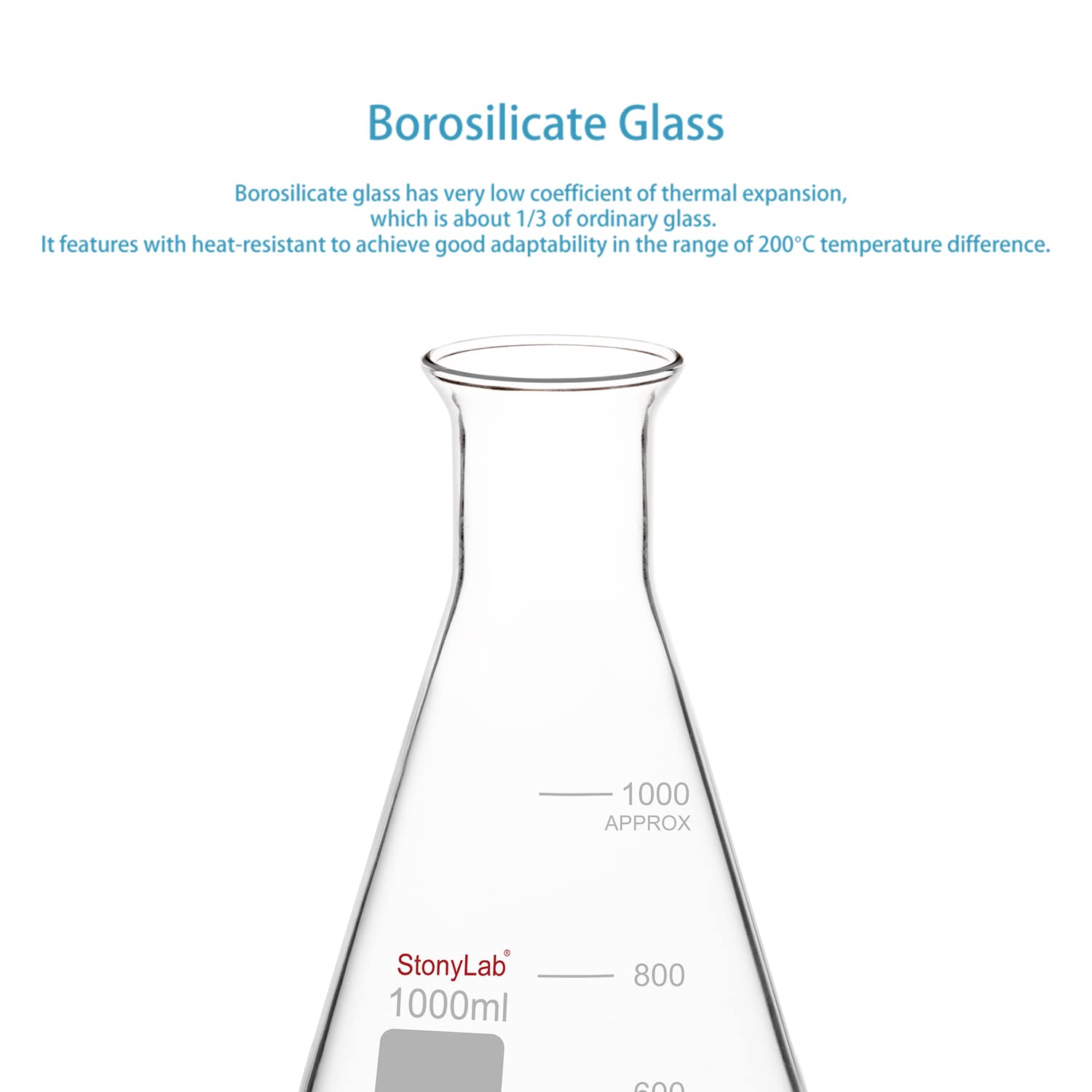 Matraz Erlenmeyer de Boca Ancha de Vidrio, 1000 ml, Borosilicato, Uso Pesado, 1 Pieza