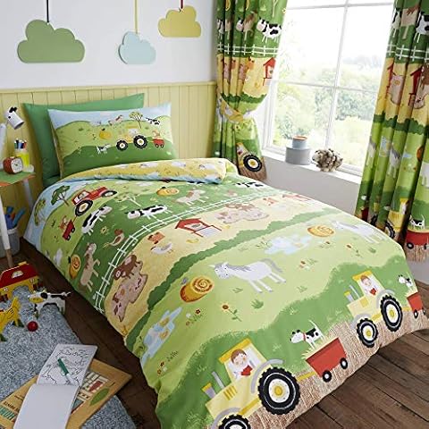 Happy Linen Company Childrens Boys Girls Farm Animals Counting Sheep Green Yellow Reversible UK Double/US Full Duvet Cover Set Cover