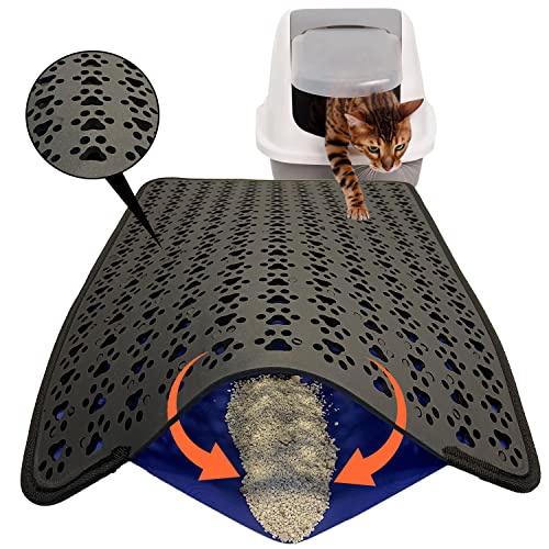 Cat Litter Mat Litter Trapping Mat, Double-Layer Kitty Paw Design, Urine And Waterproof Material, Easy To Clean, Non-Slip, Scatter Control, Sifting, Kitty Mat, (Blue) #TOP1