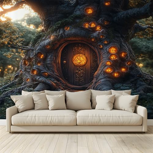 MKBKLI Papel pintado para puerta de árbol encantado, fondo de fotos de madera tallada, no tejido, póster para sala de estar, dormitorio, tema de televisión, hotel, decoración cálida, papel de 250 x