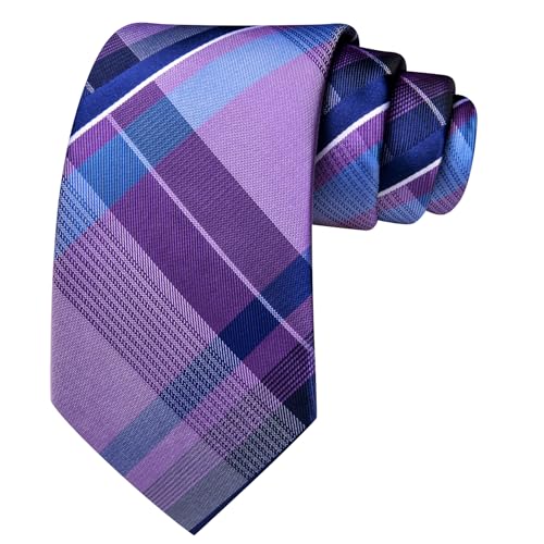 Image of Barry.Wang Plaid Ties Mens Silk Necktie and Tie Clip Checkered Tie for Wedding Party Business Formal
